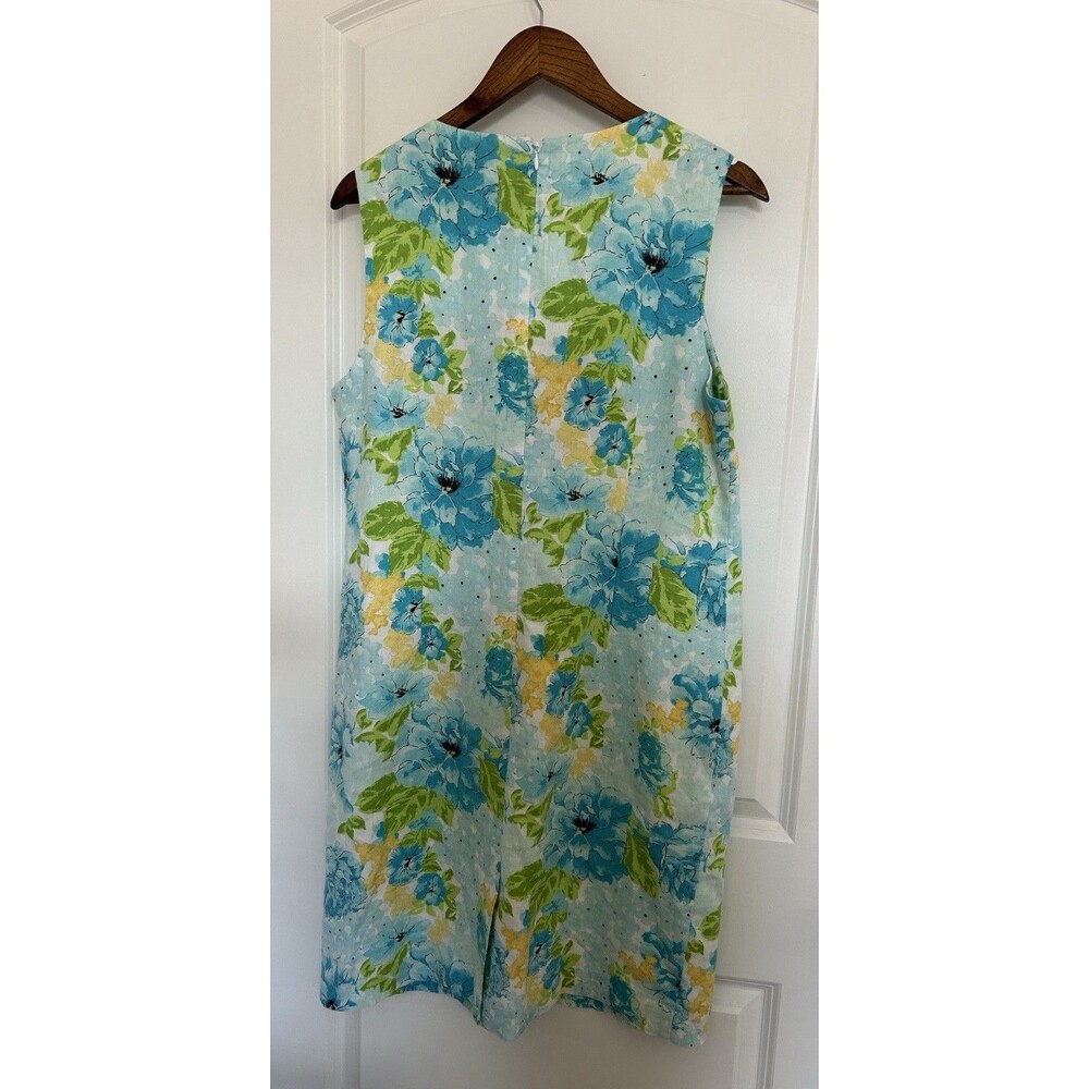 Kim Rogers Linen Shift Dress Womens 16 Blue Floral Sleeveless Pleated Neck - Picture 5 of 10